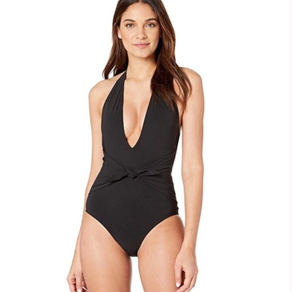 Tory Burch Solid Tie One-Piece Plunging Halter Swimsuit - Size Small - Picture 3 of 13
